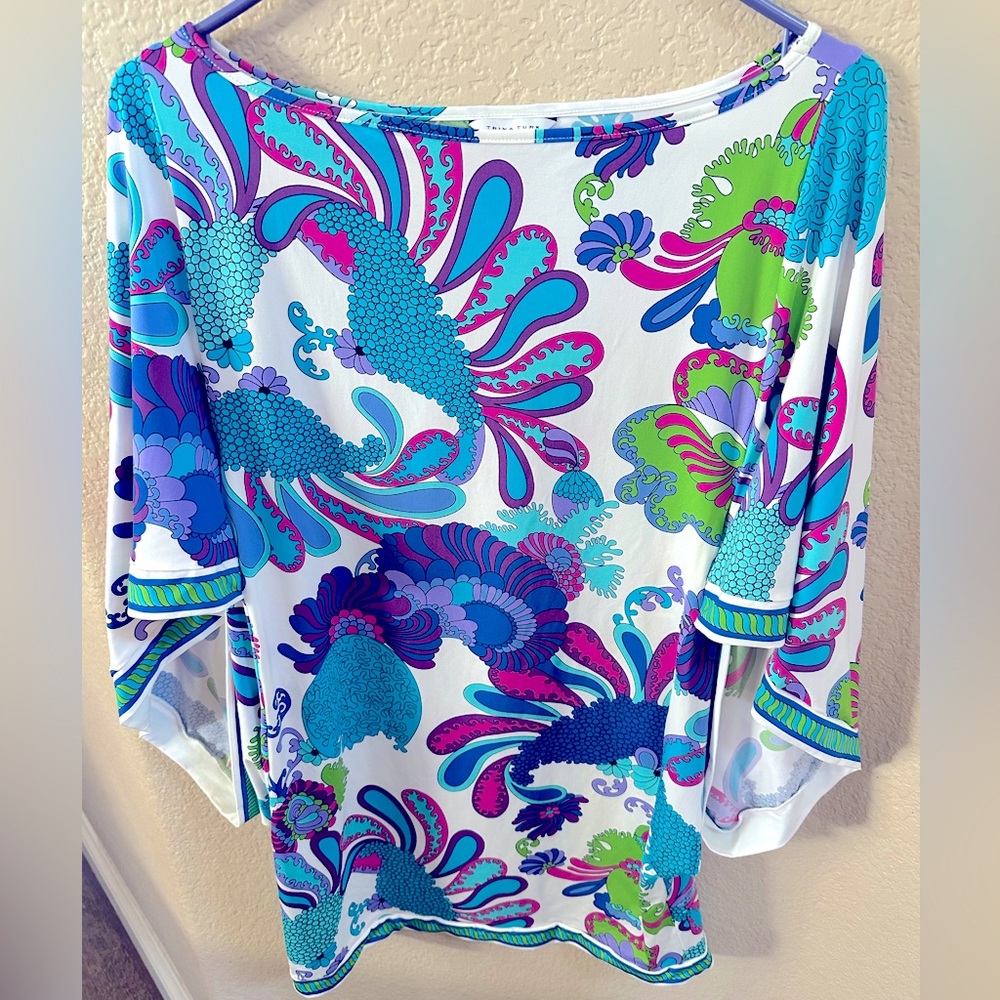Trina Turk Swim Paisley Retro floral "Caprice" Tunic Cover up Dress Drop Sleeves